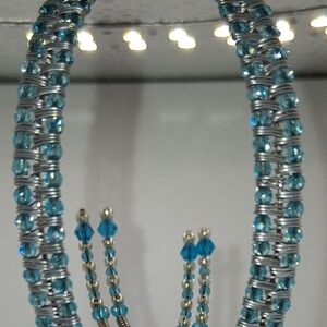 Chic Silver and Blue Beaded Hoop Earrings